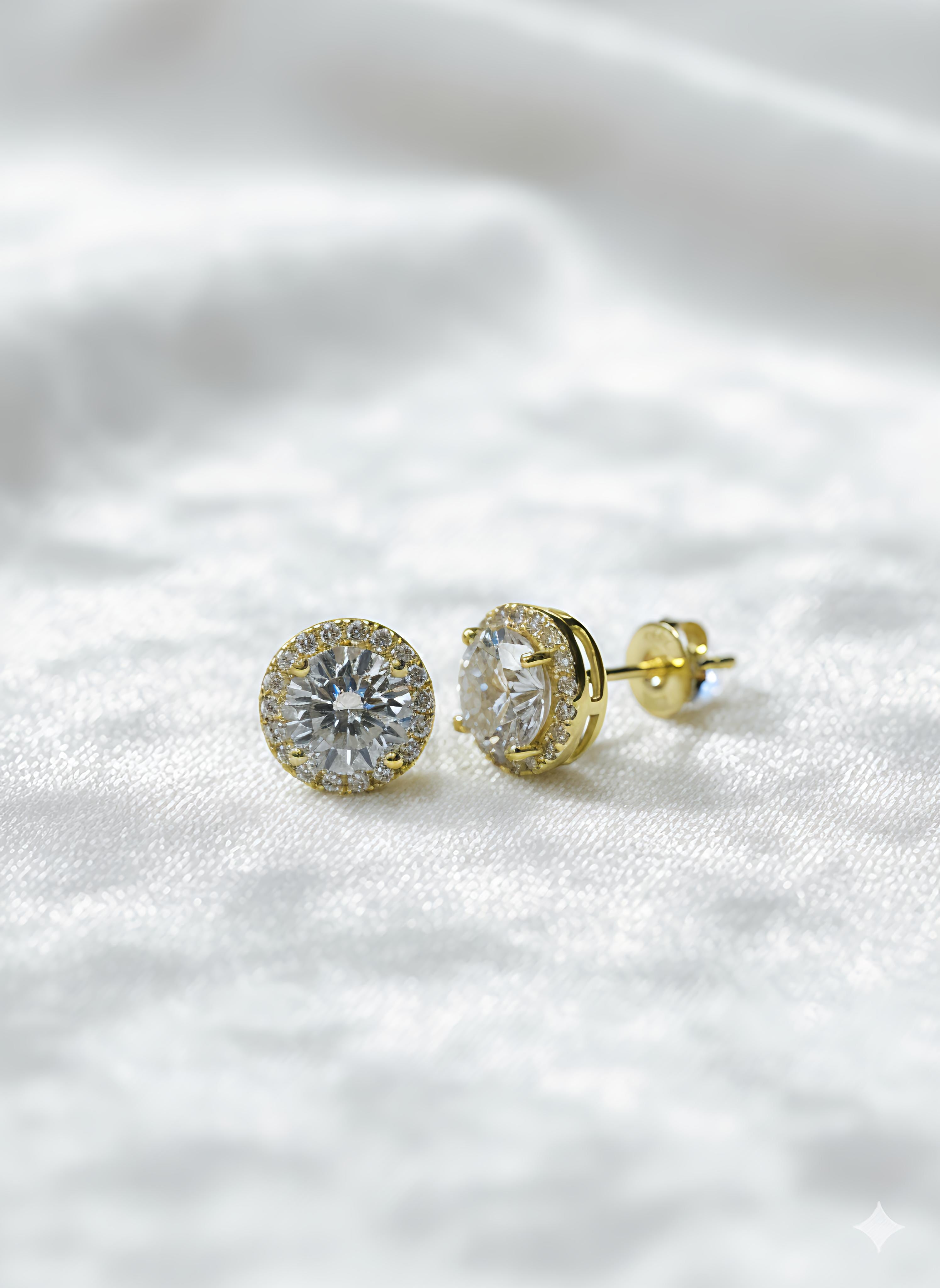 โGolden Glow โจ 1 Carat Moissanite Halo Stud Earringsโ